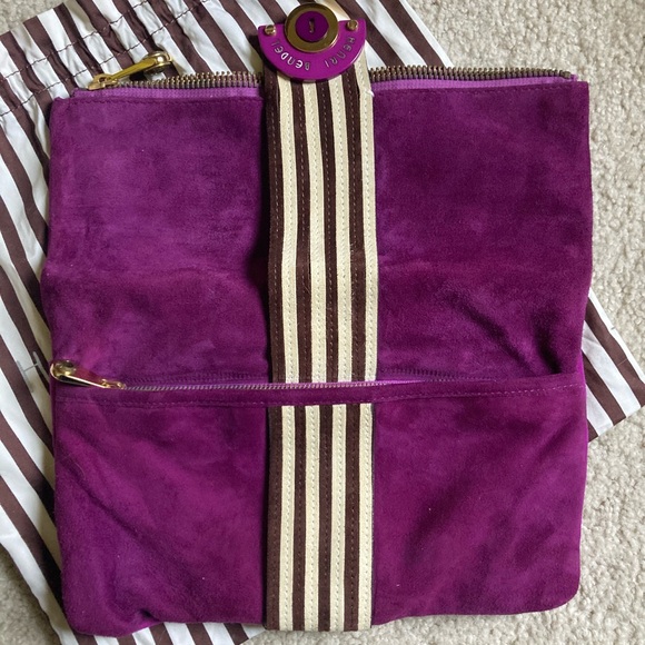 Henri Bendel Vibrant Purple suede Clutch with Striped Accent and Button Buckle - Picture 5 of 8